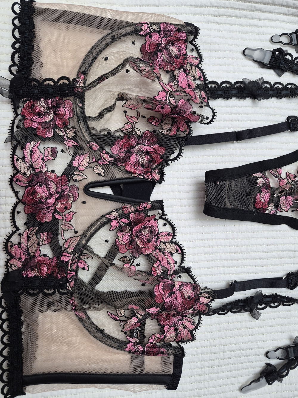 For Love And Lemons Black Sheer Bra & Garter Set with Pink Floral Embroidery - Picture 2 of 11